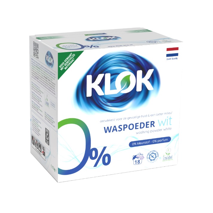 Klok wasmiddel wit zonder geur- of kleurstoffen.