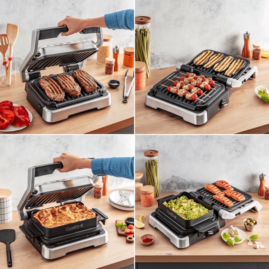 Tefal OptiGrill 4-in-1 in de 4 vormen gedemonstreerd op de foot.